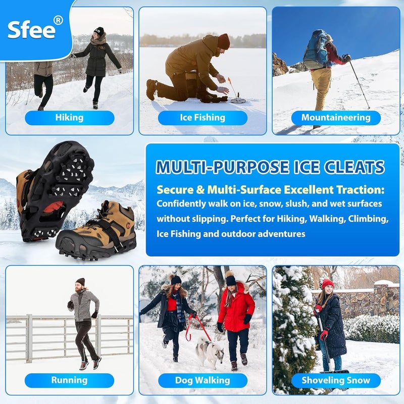 Sfee Crampons Ice Cleats for Shoes and Boots, 28 Steel Shoe Spikes Ultra-Grip Ice Cleats for Men Women Non-Slip Snow Traction Ice Grippers for Shoes and Boots for Walking, Hiking, Climbing, Fishing - Image 3